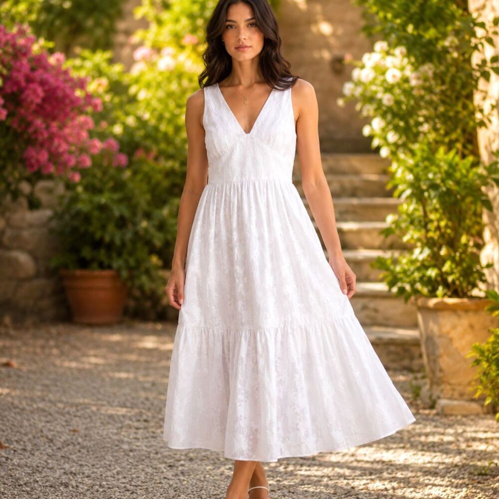 Tommy Hilfiger White Floral Jacquard Midi Ruffle Sundress V Neck Beach Bride 6
